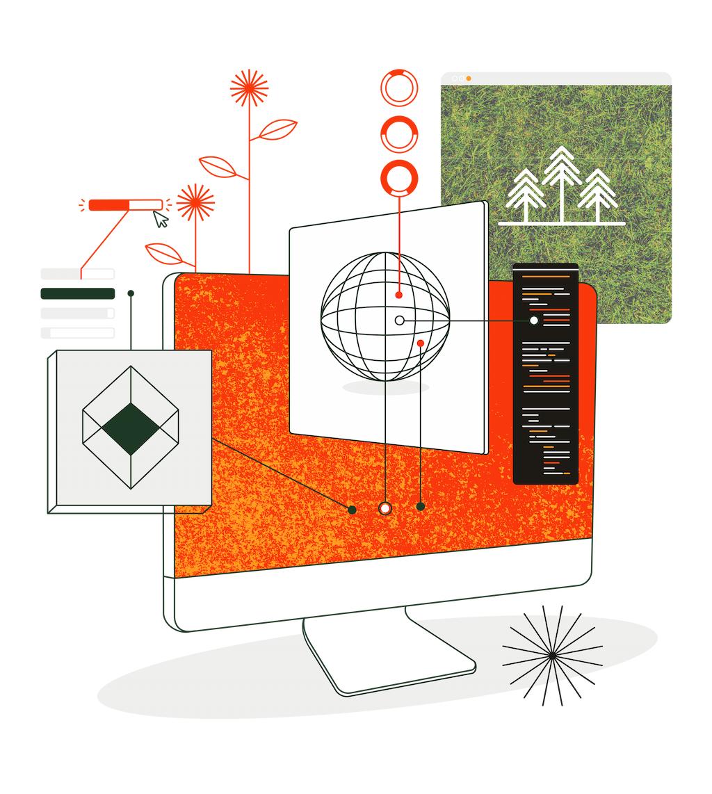 Illustration of a computer with abstract design elements, including code, UI components, a globe, and nature-inspired graphics./Designed by Carly Berry - https:/carlyberry.design/
